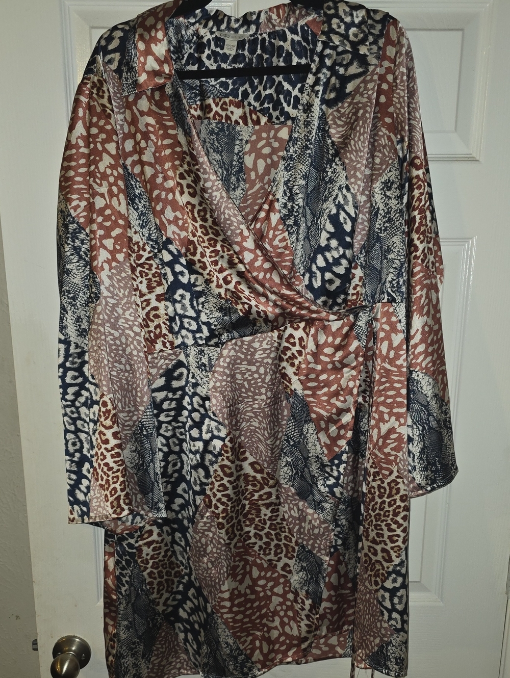 Cato Wrap Midi Dress in Tan, Black, Cream Animal Print